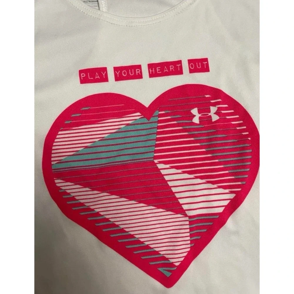 Under Armour girls white tank top pink heart play your heart out‎ youth small